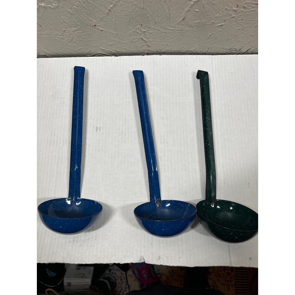 Vintage Enamelware Large Ladle Dipper Graniteware Speckled Blue 12 Inch lot of 3